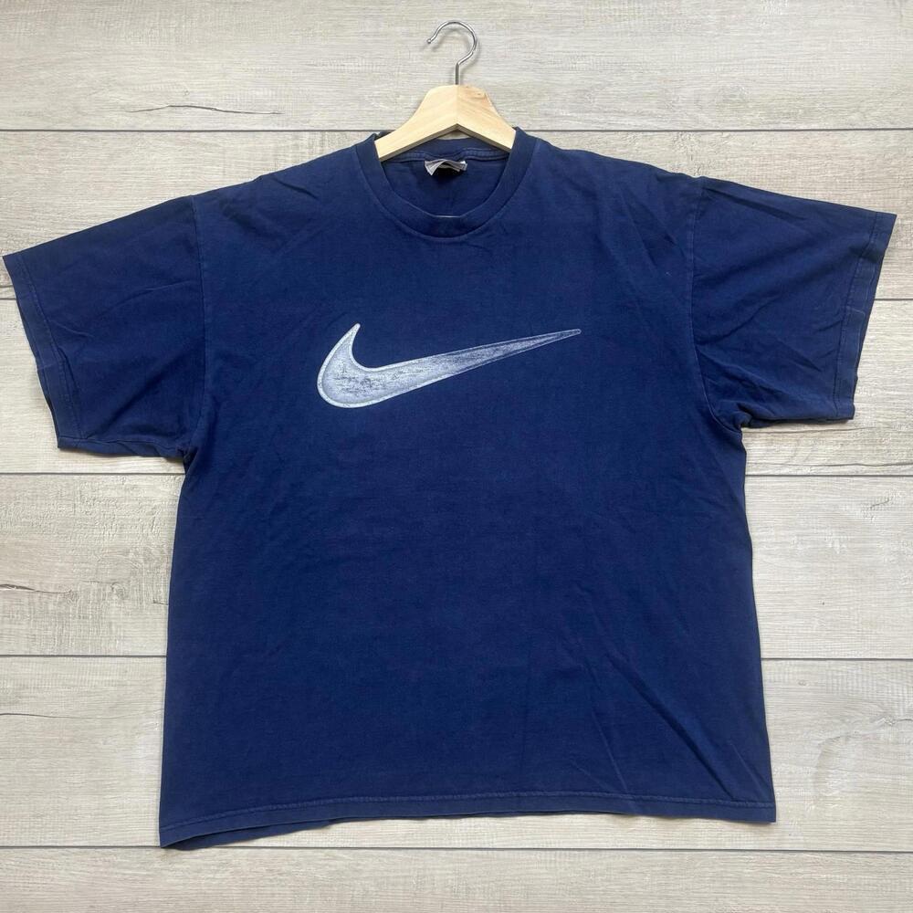 Vintage 90s Nike Swoosh Logo T-Shirt Navy Blue Men size Large Y2K Relxed Summer